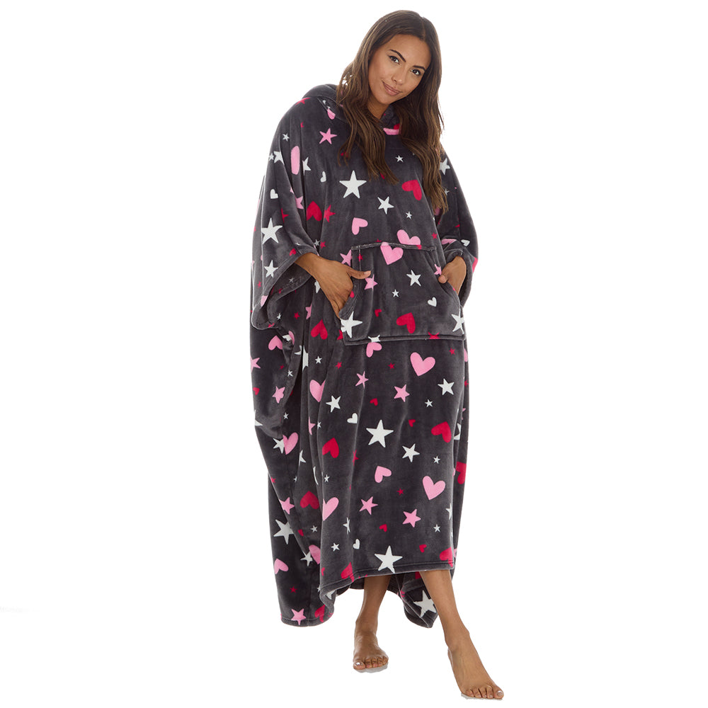 Ladies Hearts Grey Poncho Hooded Blanket