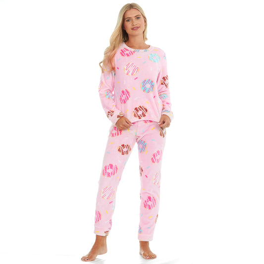 Ladies Pink Donuts Fleece Pyjama Set