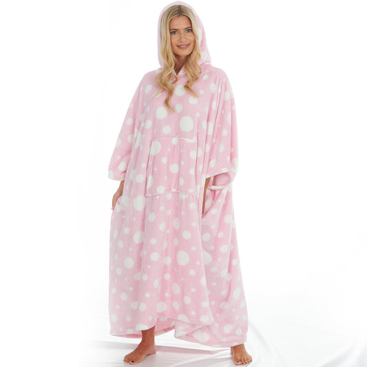 Ladies Pink Spotted Poncho Hooded Blanket