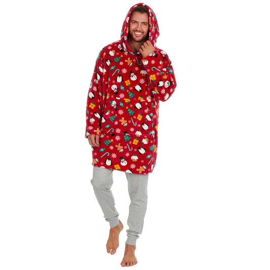 Mens Red Christmas Print Blanket Hoodie