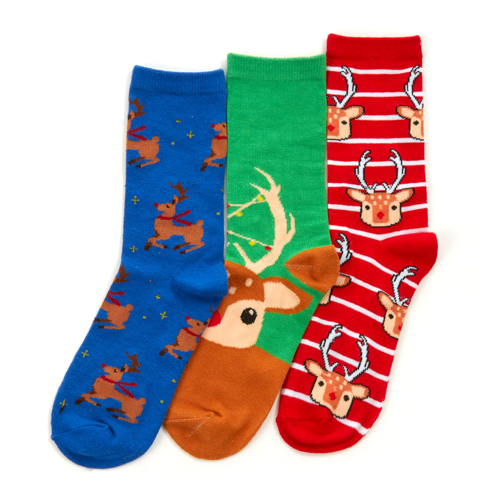 Ladies 3 Pairs Christmas Reindeer Cotton Socks