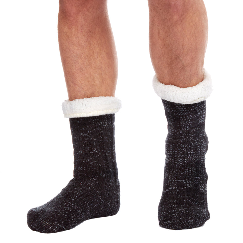 Mens Cable Knit Black Slipper Socks