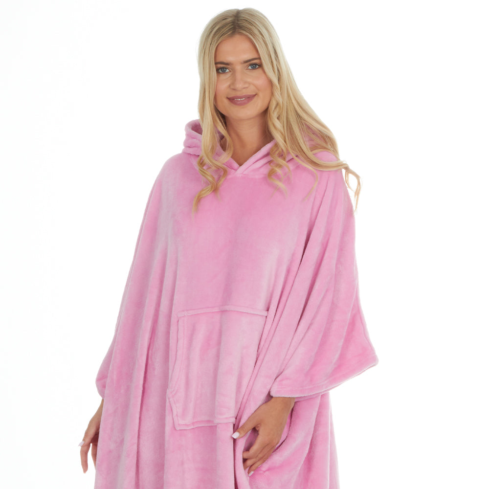 Ladies Plain Pink Poncho Hooded Blanket