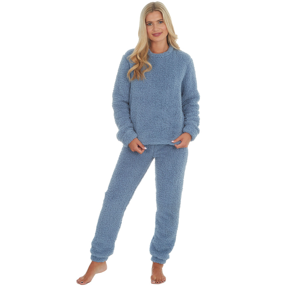 Ladies Blue Sherpa Fleece Pyjama Set