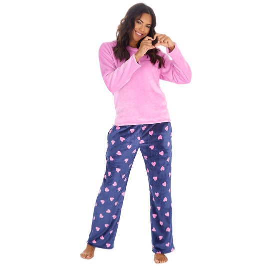 Ladies Pink Hearts Fleece Pyjama Set