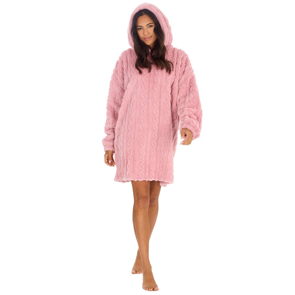 Ladies Pink Cable Sherpa Fleece Blanket Hoodie