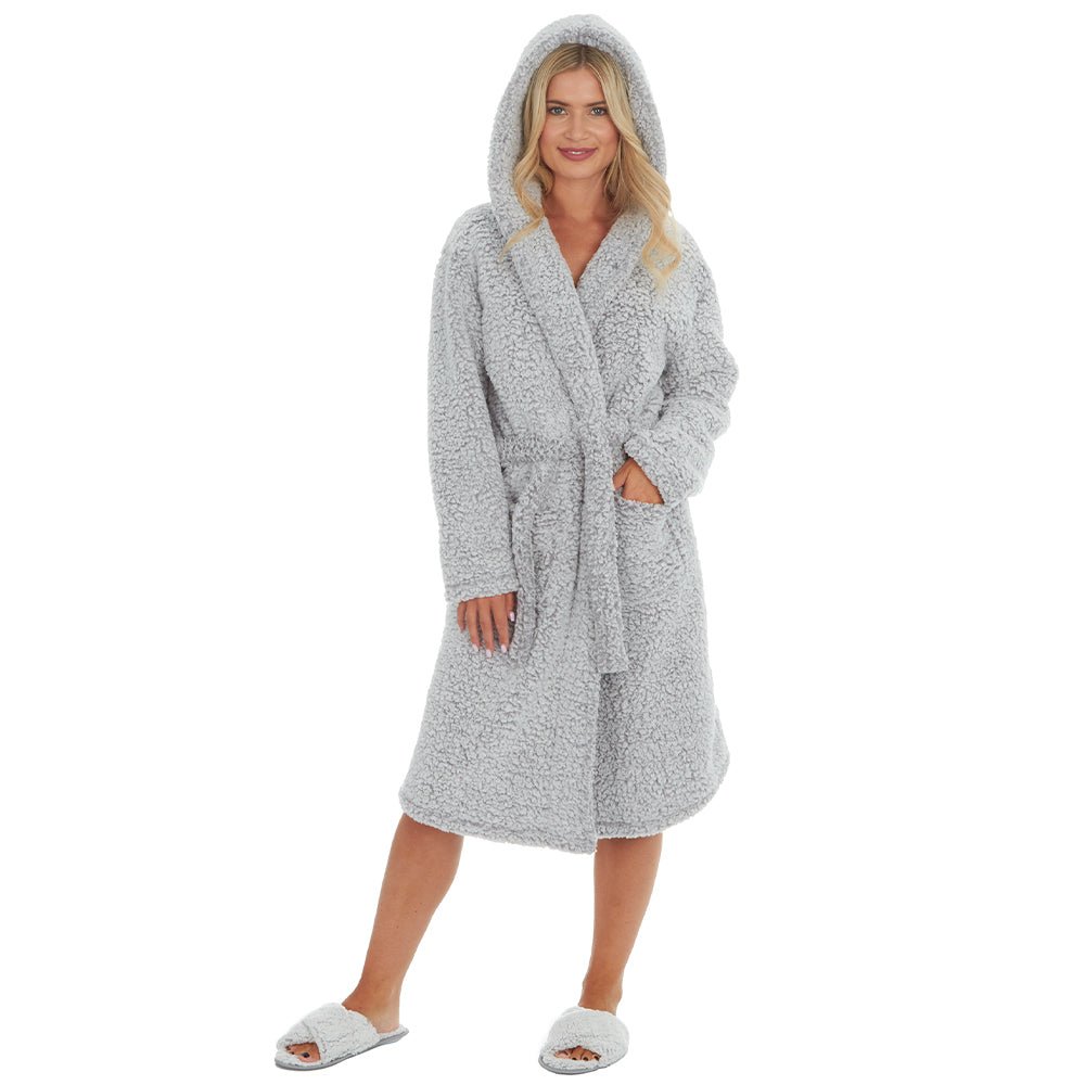 Ladies Grey Sherpa Fleece Dressing Gown