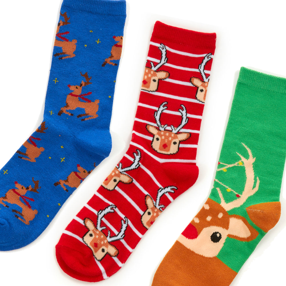 Ladies 3 Pairs Christmas Reindeer Cotton Socks