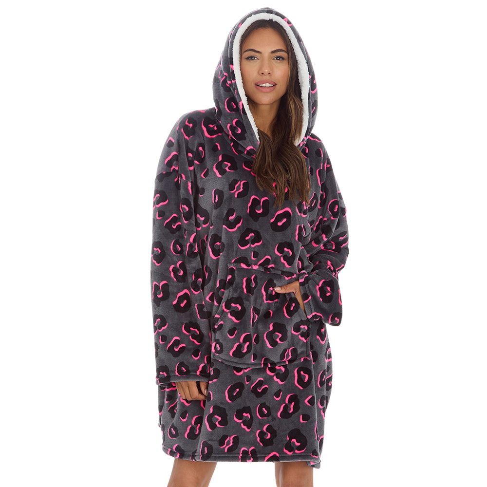 Ladies Leopard Grey Blanket Hoodie