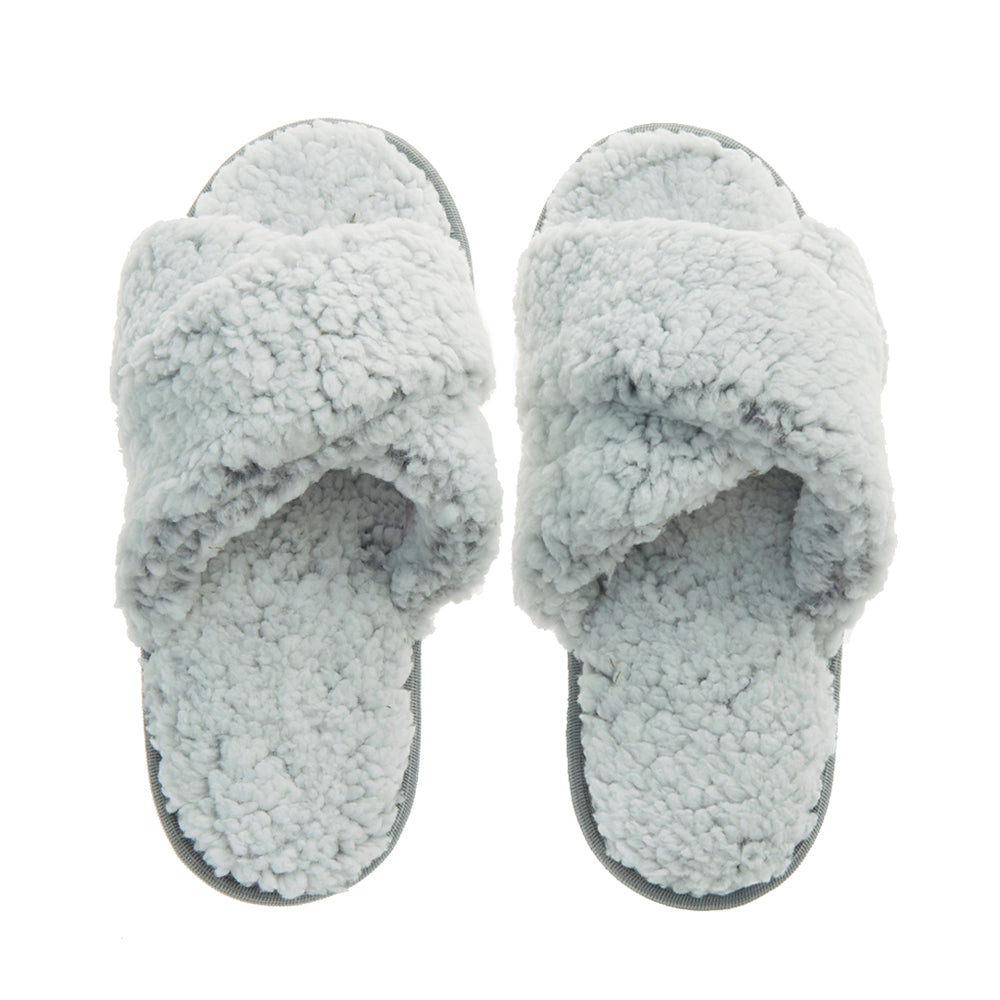 Ladies Sherpa Grey Cross Over Slippers