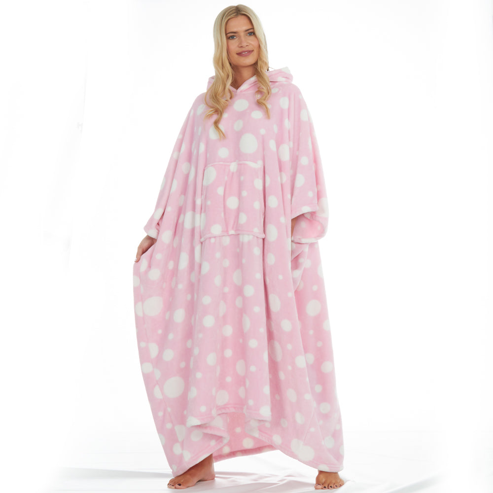 Ladies Pink Spotted Poncho Hooded Blanket