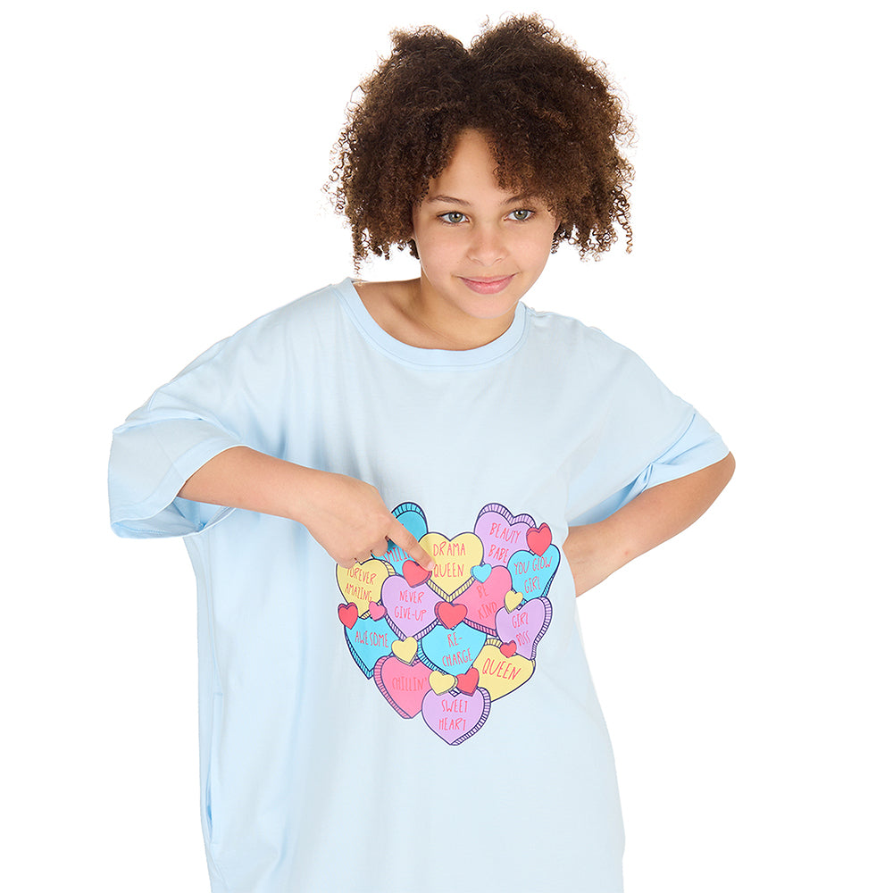 Girls Love Hearts Blue Oversize Sleep Tee