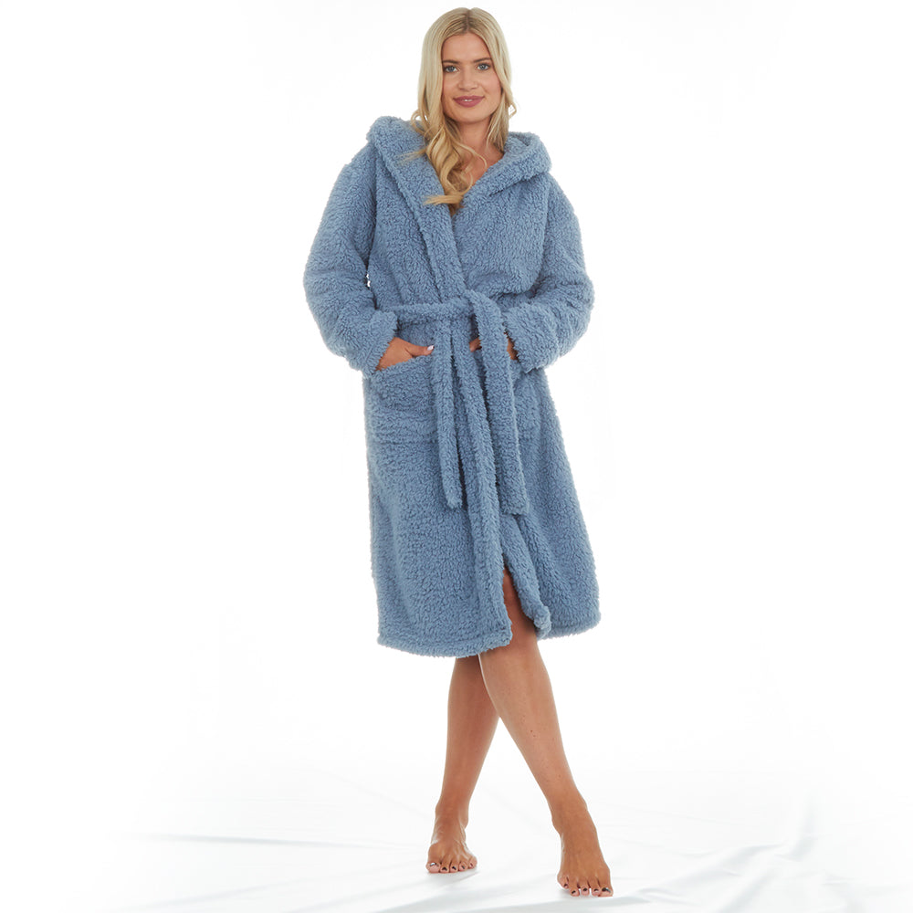 Ladies Blue Sherpa Fleece Dressing Gown