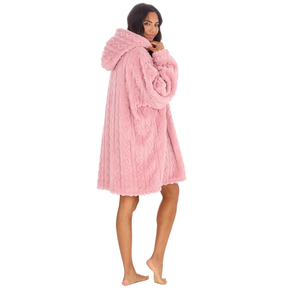 Ladies Pink Cable Sherpa Fleece Blanket Hoodie