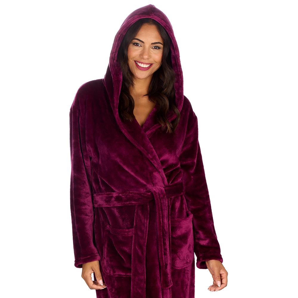 Ladies Burgundy Long Hooded Dressing Gown