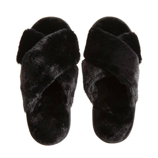 Ladies Faux Fur Black Cross Over Slippers