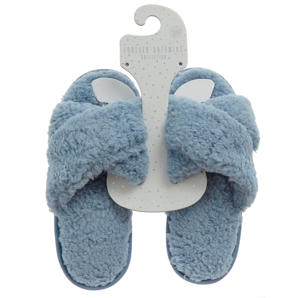 Ladies Sherpa Blue Cross Over Slippers