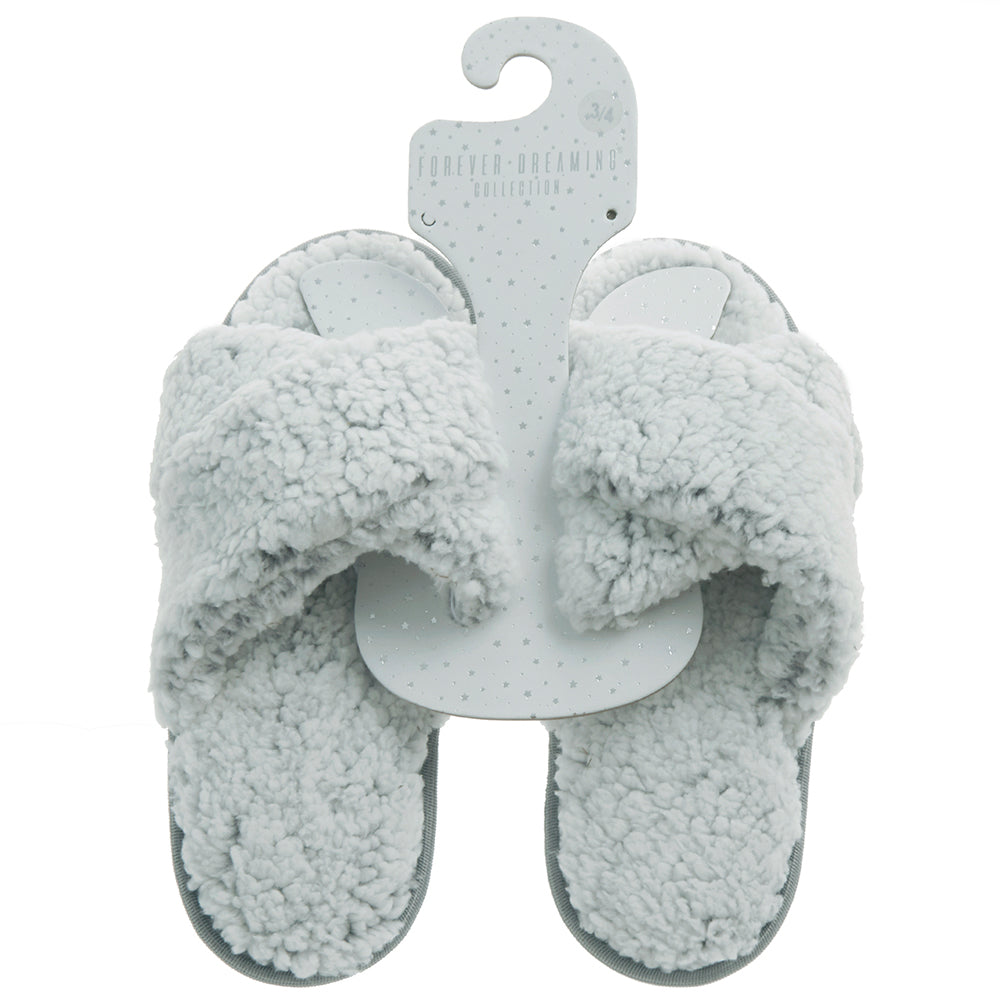 Ladies Sherpa Grey Cross Over Slippers