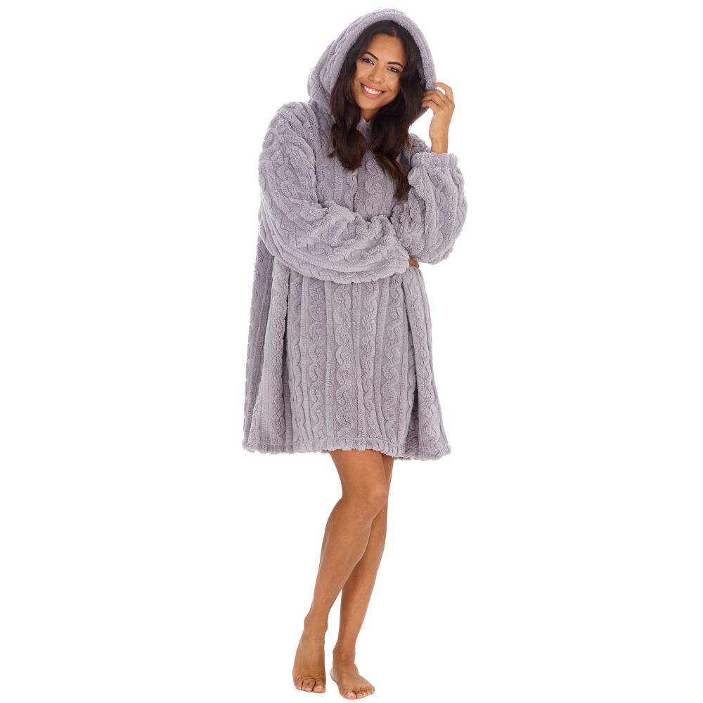 Ladies Grey Cable Sherpa Fleece Blanket Hoodie