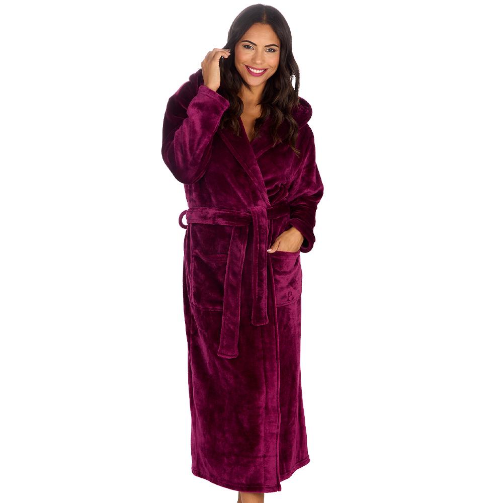 Ladies Burgundy Long Hooded Dressing Gown