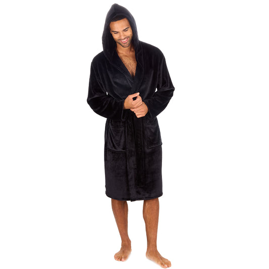 Mens Plain Hooded Black Dressing Gown