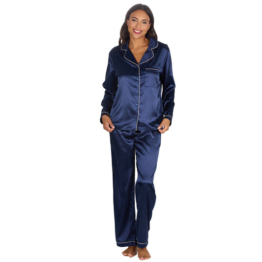 Ladies Navy Silky Satin Long Pyjama Set