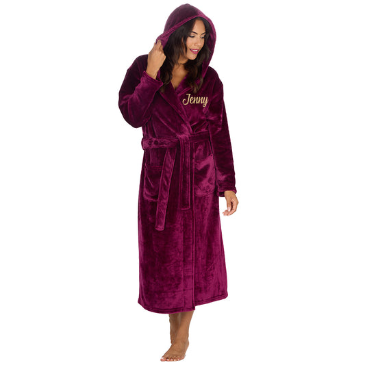 Personalised Ladies Burgundy Long Hooded Dressing Gown