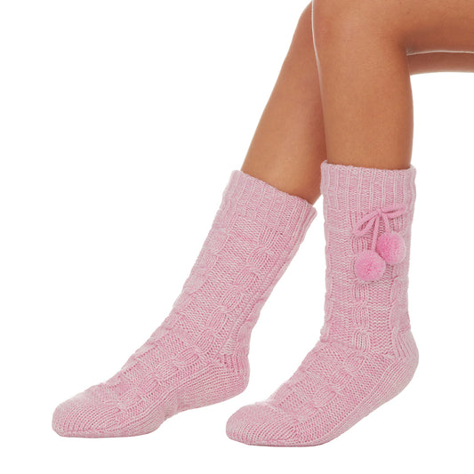 Ladies Cable Knit Pink Slipper Socks