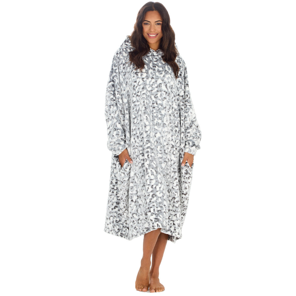 Ladies Leopard Longline Hooded Blanket