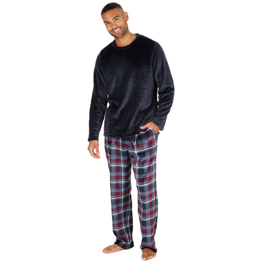 Mens Navy Check Fleece Pyjama Set