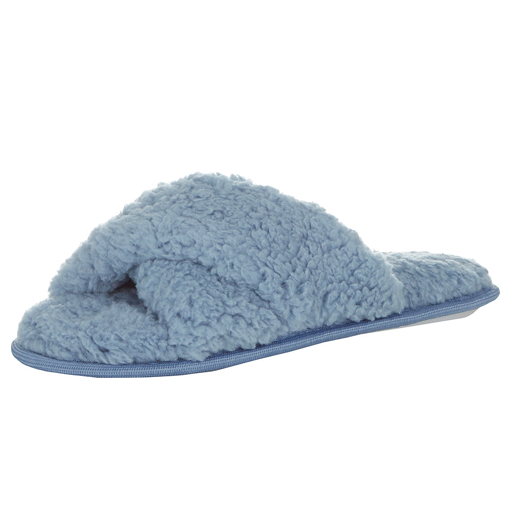 Ladies Sherpa Blue Cross Over Slippers