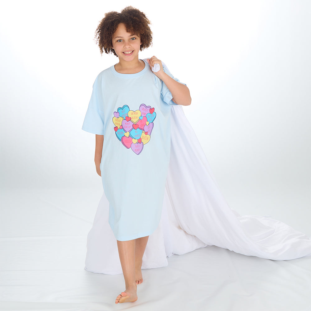 Girls Love Hearts Blue Oversize Sleep Tee