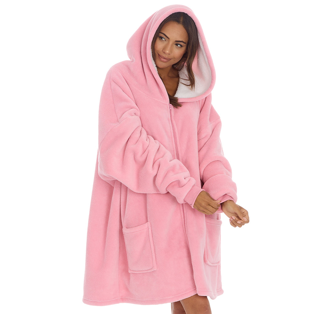 Ladies Pink Zip Up Lined Blanket Hoodie