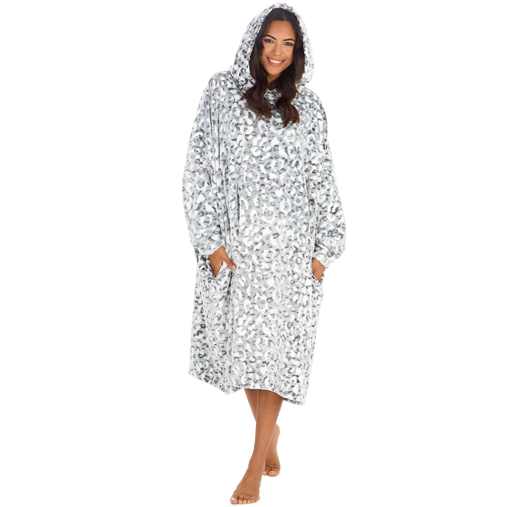 Ladies Leopard Longline Hooded Blanket