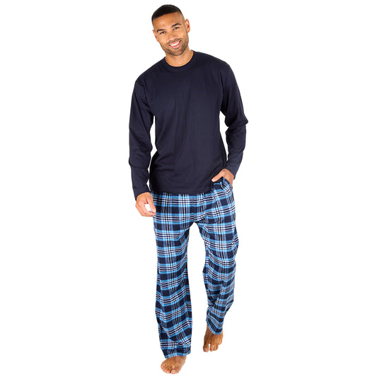 Mens Navy Check Jersey Pyjama Set