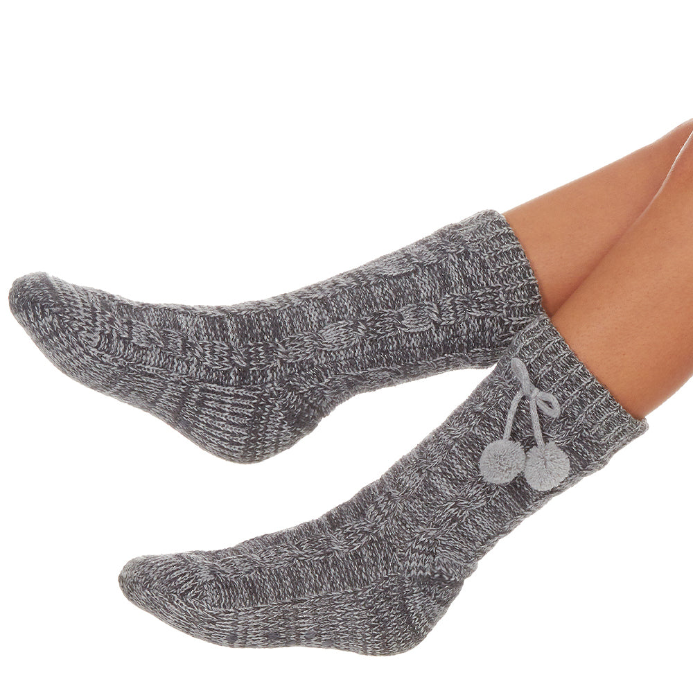 Ladies Cable Knit Grey Slipper Socks