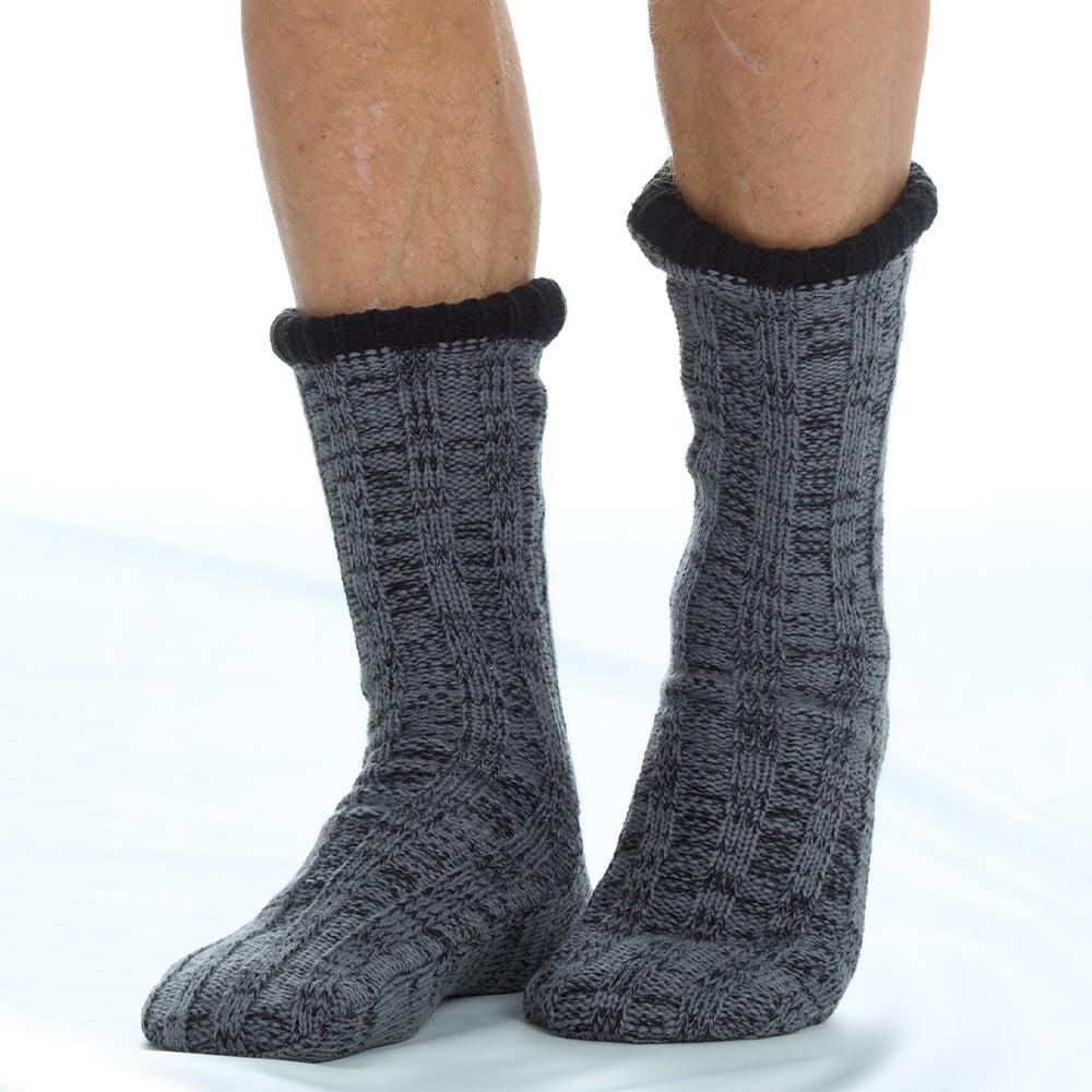 Mens Cable Knit Ash Grey Slipper Socks