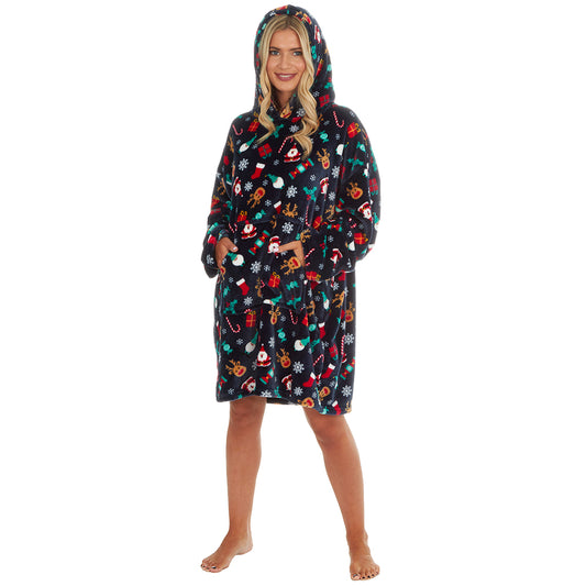 Ladies Navy Christmas Print Blanket Hoodie