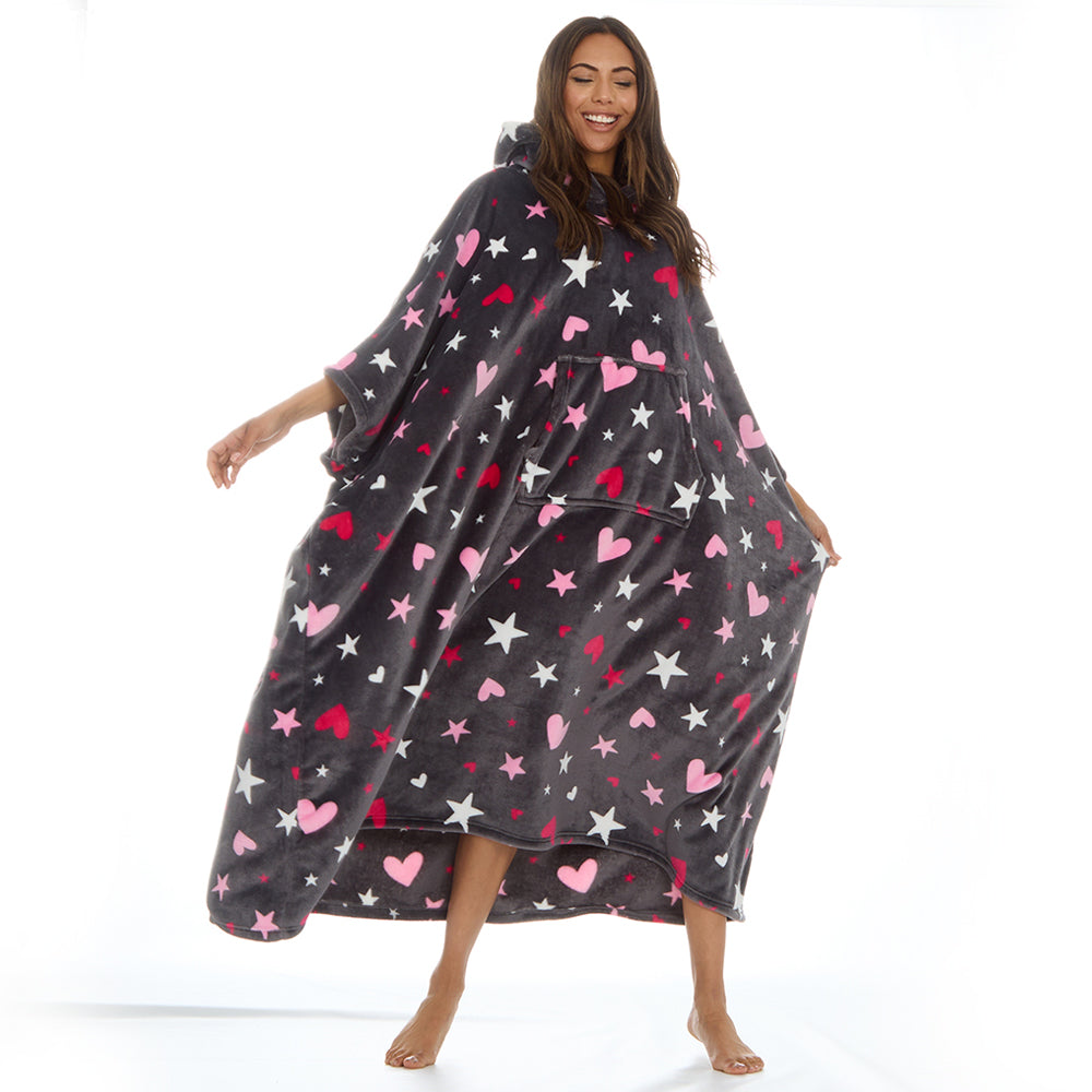 Ladies Hearts Grey Poncho Hooded Blanket