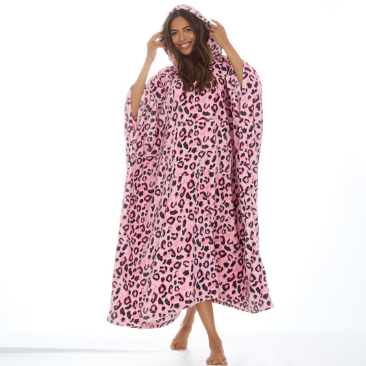 Ladies Leopard Pink Poncho Hooded Blanket