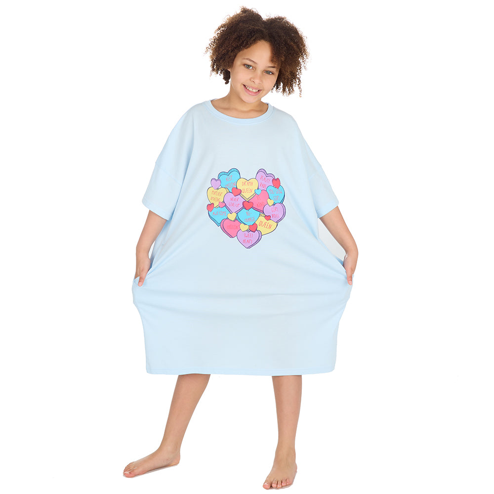 Girls Love Hearts Blue Oversize Sleep Tee