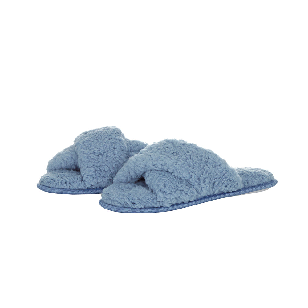 Ladies Sherpa Blue Cross Over Slippers