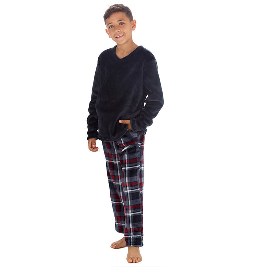 Boys Navy Check Fleece Pyjama Set