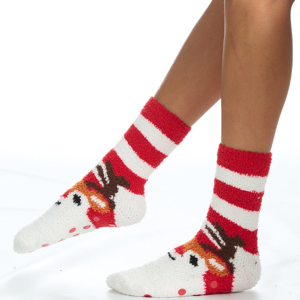 Ladies 2 Pairs Christmas Reindeer Fluffy Socks