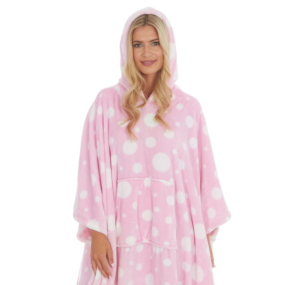 Ladies Pink Spotted Poncho Hooded Blanket