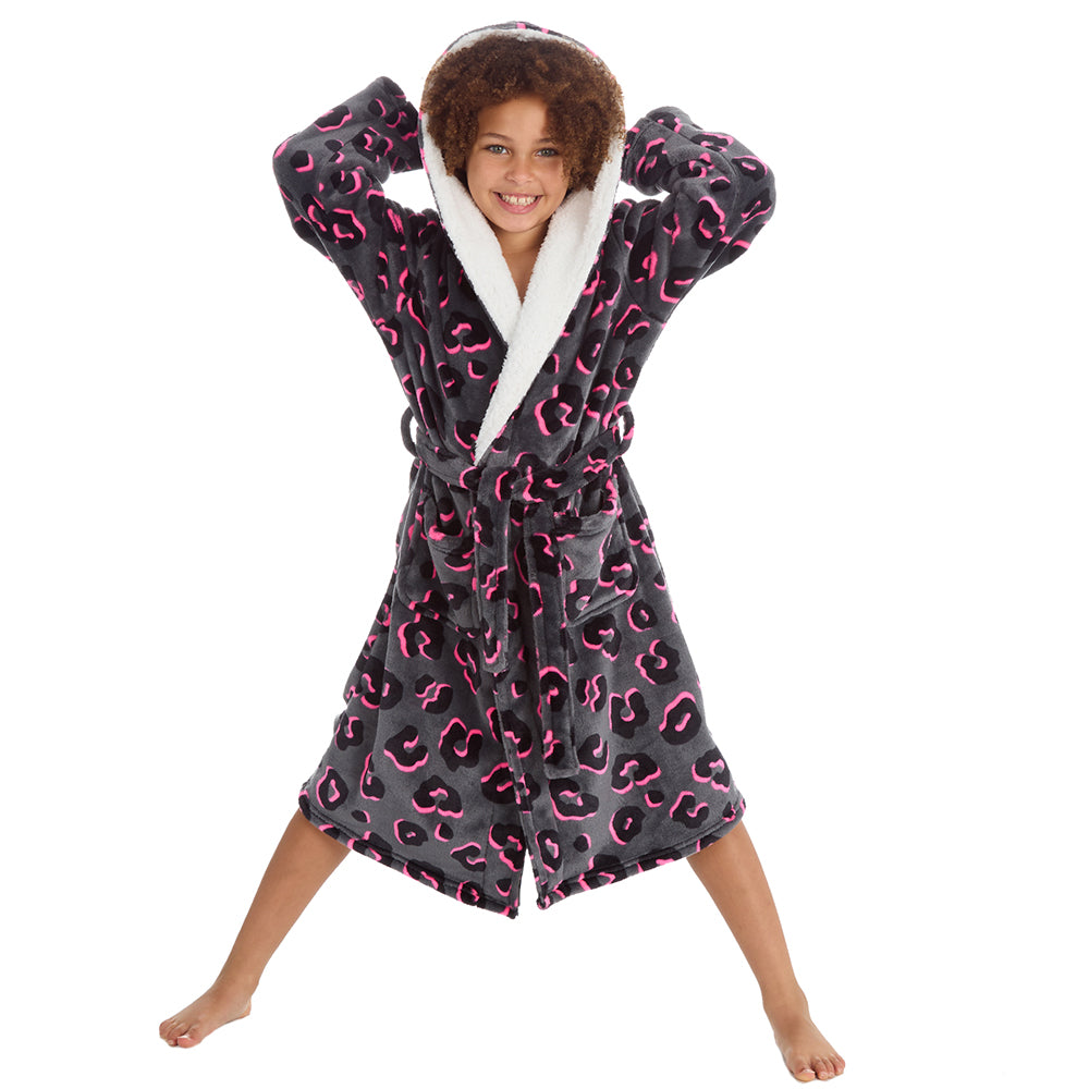 Girls Leopard Grey Dressing Gown