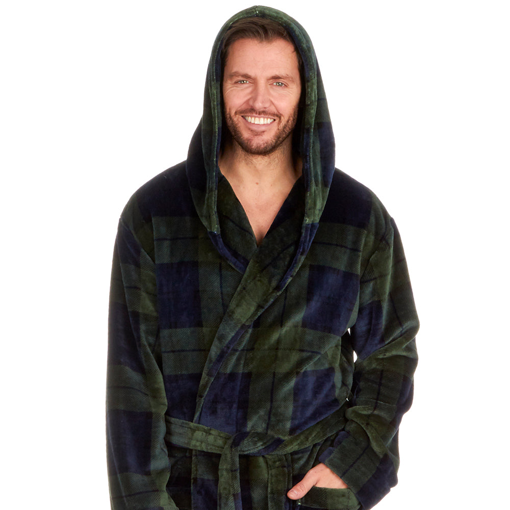 Mens Tartan Check Hooded Dressing Gown