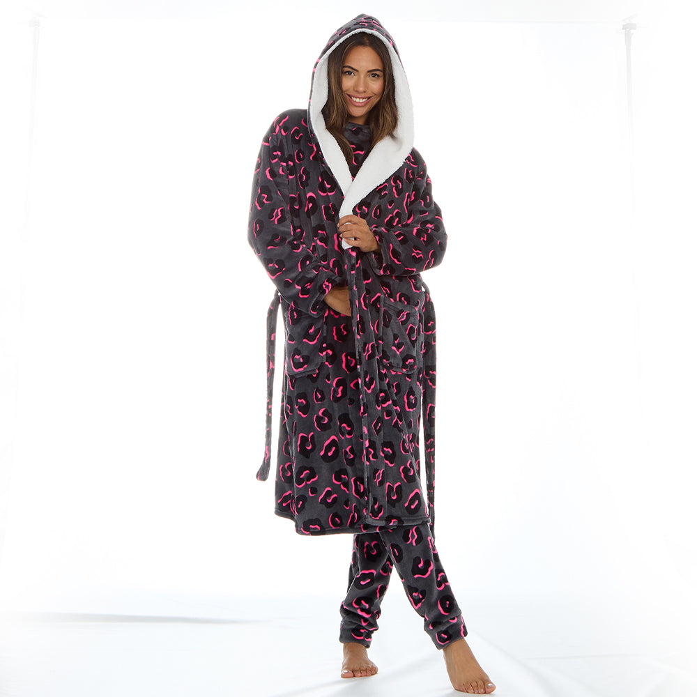 Ladies Leopard Grey Dressing Gown