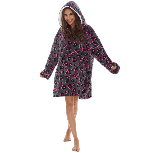 Ladies Leopard Grey Blanket Hoodie