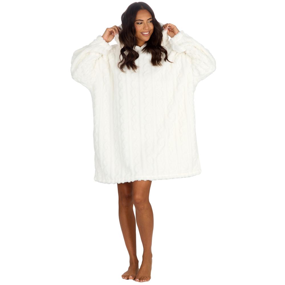 Ladies Cream Cable Sherpa Fleece Blanket Hoodie